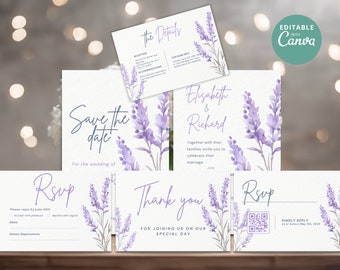 Op de afbeelding: Een set huwelijksuitnodigingskaarten met een lavendelbloemendesign. De kaarten bevatten een save the date, een uitnodiging, een RSVP en een bedankkaart. De tekst op de kaarten luidt "Save the date", "Elisabeth & Richard", "RSVP" en "Thank you".