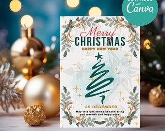 May include: A rectangular Christmas greeting card featuring a stylized dark green Christmas tree graphic, gold stars, and a wreath border of pine needles and red berries. Text reads Merry Christmas, Happy New Year, 25 December, and a holiday message.