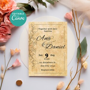 Op de afbeelding: Een huwelijksuitnodiging met een vintage uitstraling. De uitnodiging heeft een bloemmotief en de tekst "Together with their families Ana & Daniel Sun 9 Aug At 9 pm 123 Anywhere St., Any City 12345 Reception to follow."