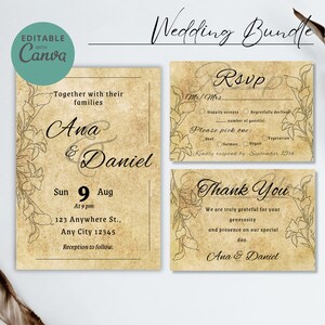 Op de afbeelding: Een huwelijksuitnodigingsset met een vintage uitstraling. De uitnodiging heeft een bloemmotief met de namen Ana & Daniel, de datum en de tijd. De RSVP-kaart bevat opties voor gasten om hun maaltijdvoorkeur te kiezen. De bedankkaart drukt dankbaarheid uit voor de vrijgevigheid en aanwezigheid op de bruiloft.