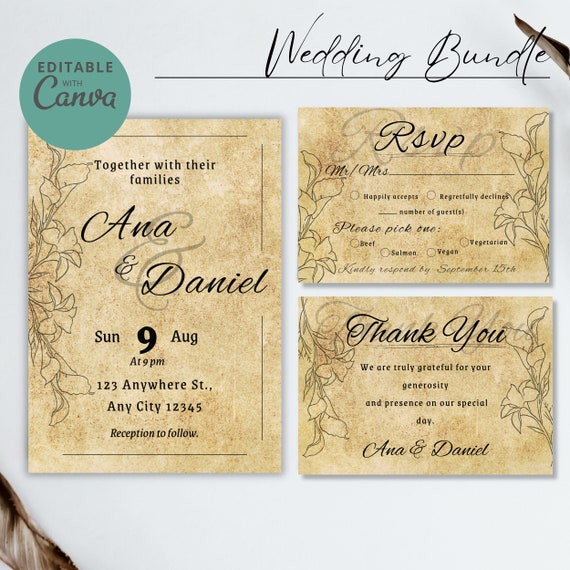 Pack boda medieval, plantilla invitación de boda editable, rsvp, editable en canva, paquete invitación boda vikinga, boda edad media.