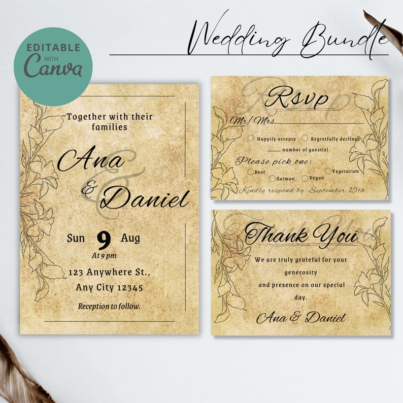 Op de afbeelding: Een huwelijksuitnodigingsset met een vintage uitstraling. De uitnodiging heeft een bloemmotief met de namen Ana & Daniel, de datum en de tijd. De RSVP-kaart bevat opties voor gasten om hun maaltijdvoorkeur te kiezen. De bedankkaart drukt dankbaarheid uit voor de vrijgevigheid en aanwezigheid op de bruiloft.