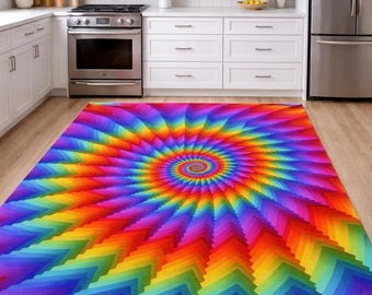 Alfombra espiral arcoíris psicodélica colorida y alucinante para decoración de habitación.