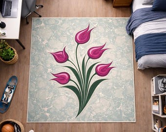 Alfombra de tulipán rosa con diseño floral otomano turco y botánico para decoración del hogar