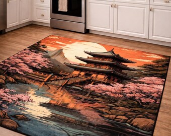 Alfombra con paisaje de sakura y puesta de sol de pagoda japonesa