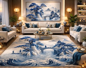 Alfombra con paisaje asiático azul y decoración de ondas estilo pagoda oriental