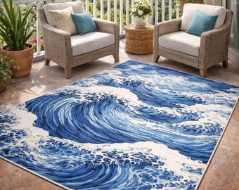Alfombra de olas oceánicas, arte marino japonés, decoración costera para el hogar