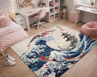 Alfombra japonesa estilo pagoda con ondas: decoración oriental con motivos sakura