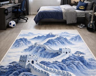 Alfombra de pared con paisaje oriental – Alfombra artística de porcelana azul