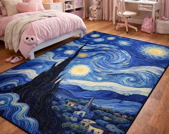 Alfombra inspirada en la noche estrellada con decoración artística de cielo azul y remolino