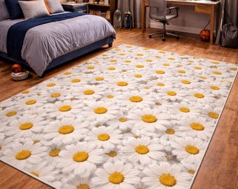 Alfombra de margaritas con estampado floral blanco, estilo cottagecore, decoración del hogar