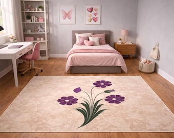 Alfombra de flores moradas, arte floral botánico, decoración vintage bohemia para el hogar