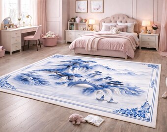 Alfombra con paisaje de montaña oriental azul y decoración zen