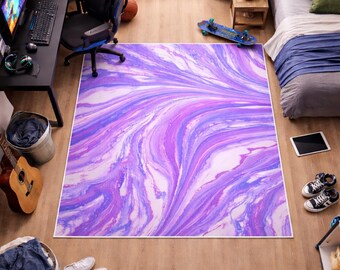 Alfombra de mármol rosa y morado con arte fluido abstracto, decoración moderna