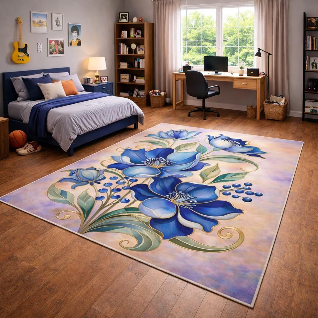 Blue Floral Rug Botanical Flower Art Vintage Home Decor - Etsy