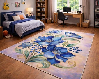 Alfombra floral azul, arte floral botánico, decoración vintage para el hogar