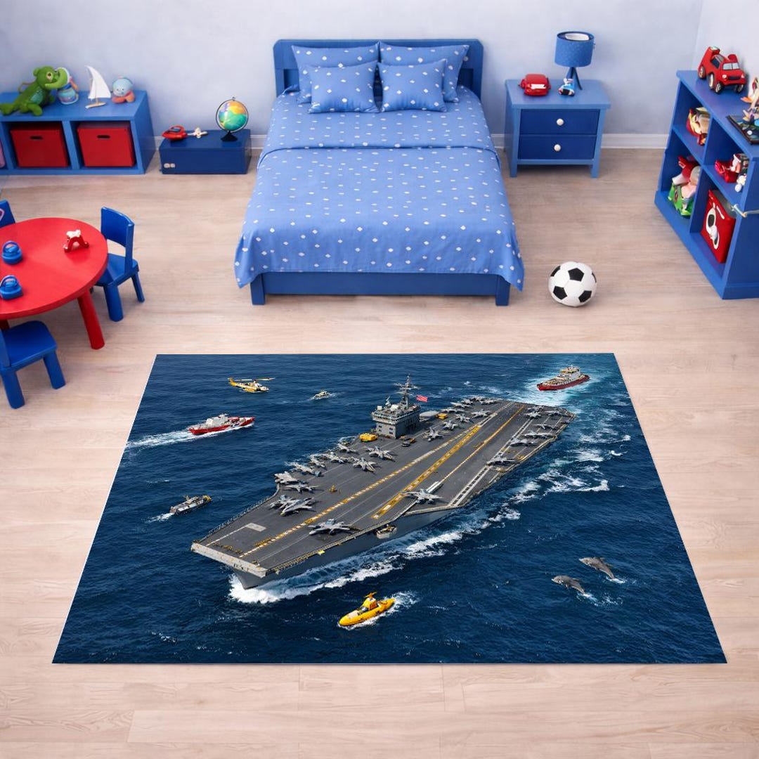 Aircraft Carrier Kids Rug Navy Ship Playmat Ocean Theme Playroom ...