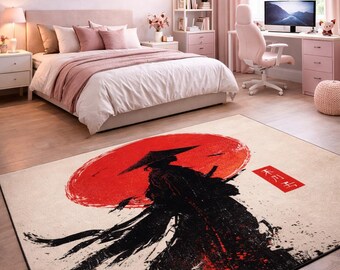 Alfombra minimalista con silueta de samurái y sol japonés