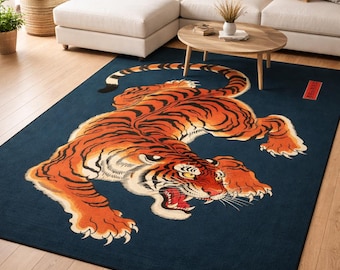 Alfombra de pared vintage con diseño de tigre japonés, decoración estilo ukiyo retro