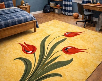 Alfombra de tulipán rojo, arte floral turco, decoración botánica vintage para el hogar