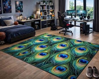 Alfombra de plumas de pavo real, estilo bohemio, colorida, natural, decoración del hogar