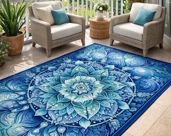 Alfombra de mandala azul con diseño floral de loto, estilo bohemio y zen para decoración del hogar