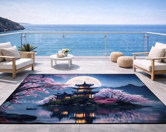 Alfombra con paisaje japonés de la Pagoda de la Luz de la Luna y el Lago Sakura