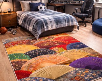 Alfombra decorativa oriental con coloridos abanicos plegables japoneses
