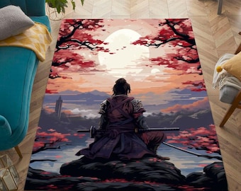 Samurai Rug, Japanese Art Sunset Decor, Washable Carpet