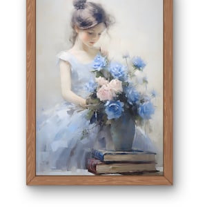 Vintage Girl With Blue Flowers Oil Painting Digital Download | Antique Elegant Style Wall Art | Girls Room Wall Decor