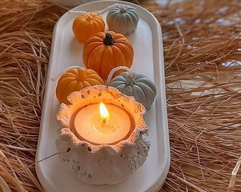 Scented Pumpkin Bliss: Six Soy Candles with Concrete Tea Light Holder and Stylish Candle Plate Gift Set