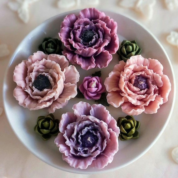 Romantic Candle Gift - Handmade CocoSoy Wax Anemone Flowers in Ceramic Bowl - Gift for Her