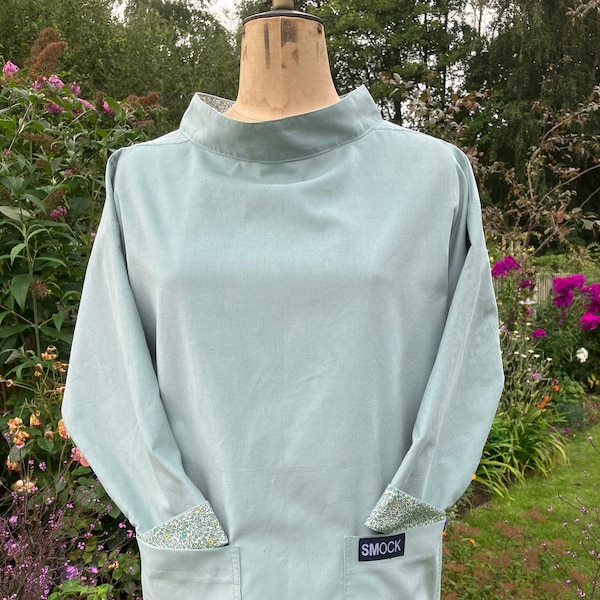 Waxham duck egg needlecord smock with Liberty Katie and Millie lawn lining