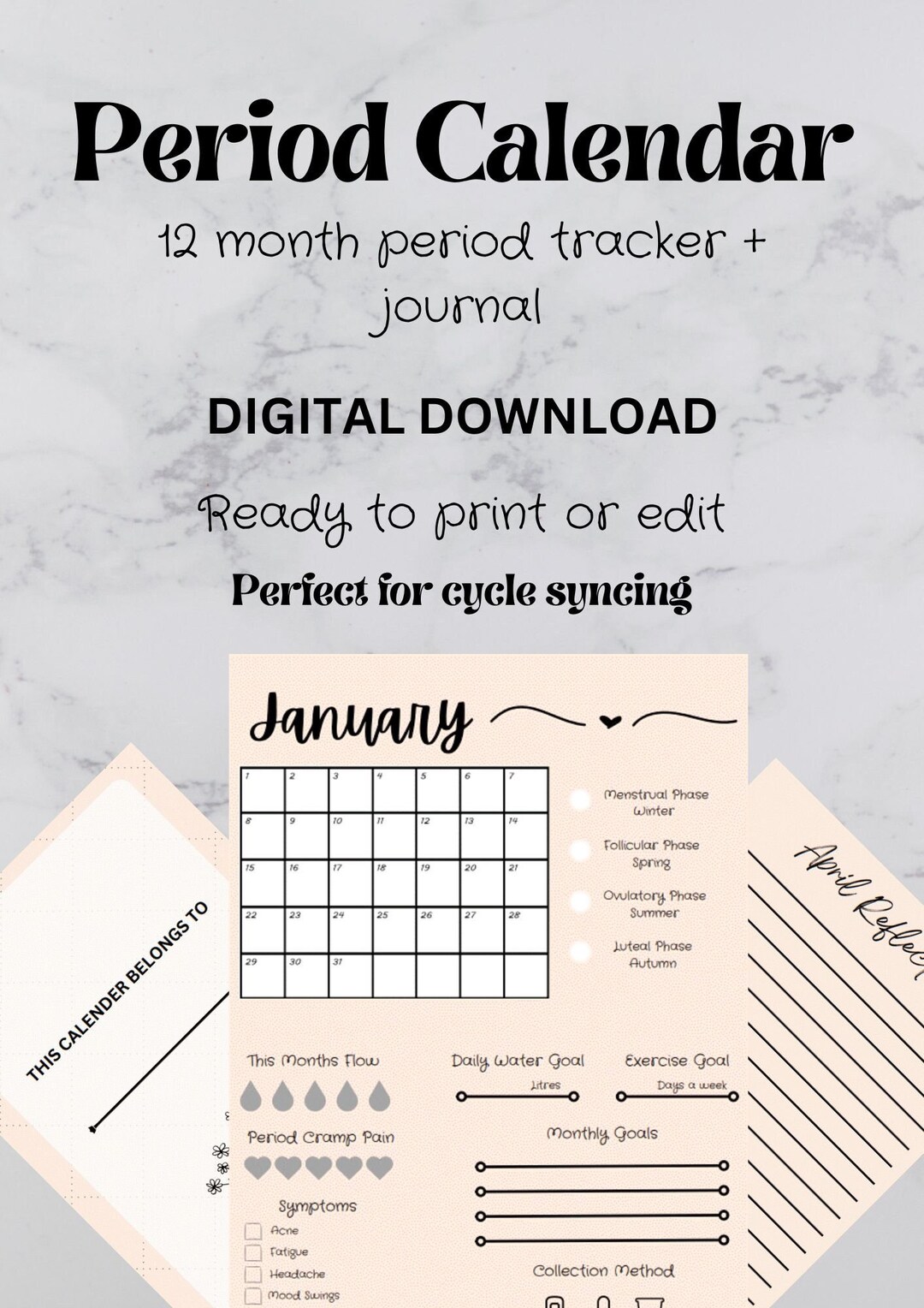 Printable Period Calendar Tracker Journal Cycle Syncing - Etsy