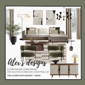 Listo para comprar / Diseño de interiores / MOOD BOARD / Lista de compras / Sala de estar / Diseño limpio / Descargar lista de compras de todos los artículos /Reino Unido