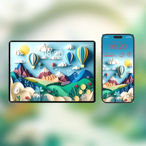Puede incluir: Una ilustración digital de un paisaje de papel con globos aerostáticos flotando en un cielo azul. La imagen se muestra en una tableta y un teléfono inteligente.
