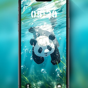 KK11 / Swimming Panda, Aesthetic Iphone Wallpaper for digital wallpaper download print, cute animal and Panda baby by Japanese artist Makoto