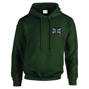 May include: A dark green hooded sweatshirt with a small embroidered Union Jack flag with a green stripe across it.