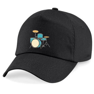 May include: A black baseball cap with a blue and yellow drum kit embroidered on the front.