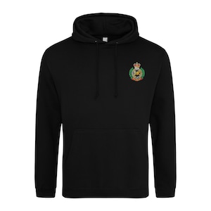 May include: Black hooded sweatshirt with a green, red and gold embroidered crest featuring a crown and the letters "ER" on the left chest.