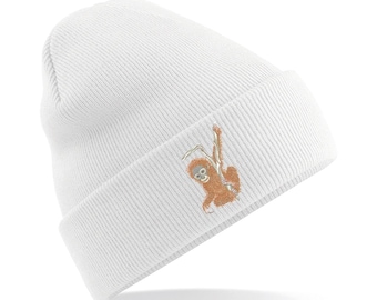 Adorable Baby Orangutan Embroidered Beanie Hat - Unique Wildlife Fashion Accessory