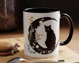 Black Cat Coffee Mug, Whimsical Moon Design, Gothic Tea Cup