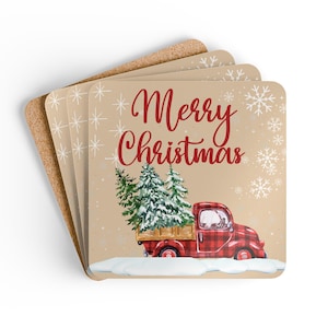 Red Plaid Truck with Tree Cork Coaster Set, holiday farmhouse decor, festive tabletop accessories