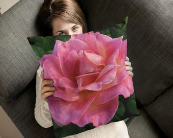 Pink Rose Pillow, Floral Design Throw Cushion with Double-Sided Print