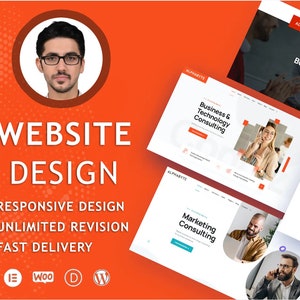May include: Website design services offering responsive design, unlimited revisions, and fast delivery. The image shows a website design mockup with the text "Business & Technology Consulting" and "Marketing Consulting".