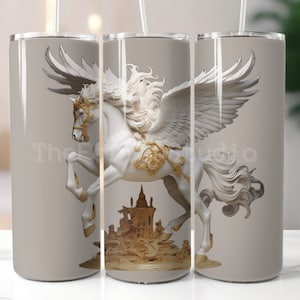 3D White and Gold Pegasus, Greek mythology  20 oz Tumbler Wrap, Instant Digital Download PNG, Sublimation Design,