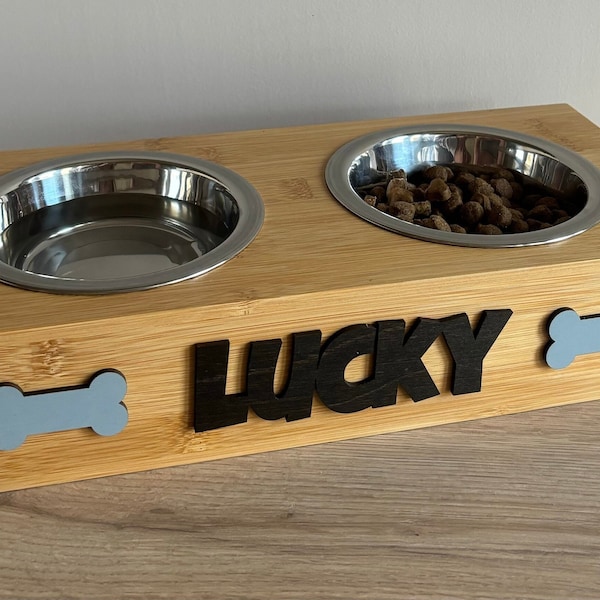 Personalised Bamboo & Stainless Steel 2 Bowl Raised Pet Feeder - Cat/Small Dog Feeding Bowls