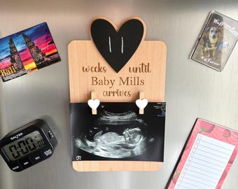 Personalised Engraved Wooden Baby Countdown Magnetic Board & Scan Photo Holder...