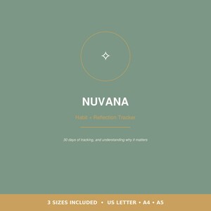 以下が含まれることがあります： NUVANAというタイトルのセージグリーンのデジタル習慣・振り返りトラッカー。デザインには、4つの尖った星が描かれた細い金の円、Habit + Reflection Trackerというテキスト、30 days of tracking, and understanding why it mattersという文言が含まれています。3 SIZES INCLUDED US LETTER A4 A5。