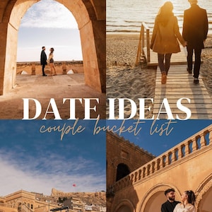 Könnte beinhalten: Eine Collage aus vier Bildern, die Paare auf Dates zeigen. Das erste Bild zeigt ein Paar, das unter einem Torbogen steht. Das zweite Bild zeigt ein Paar, das Hand in Hand auf einem Holzsteg entlang eines Strandes geht. Das dritte Bild zeigt ein Paar, das auf einem Balkon steht und auf eine Stadt blickt. Das vierte Bild zeigt ein Paar, das auf einer Treppe steht. Der Text "DATE IDEAS couple bucket list" ist über die Bilder gelegt.